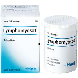 Eine Packung und ein Behälter mit Lymphomyosot-Tabletten sind zu sehen.