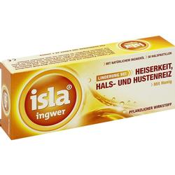 Eine Packung Isla Ingwer Lutschpastillen gegen Heiserkeit und Husten mit Honig.