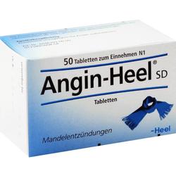 Eine Packung mit 50 Angin-Heel-Tabletten gegen Mandelentzündungen.