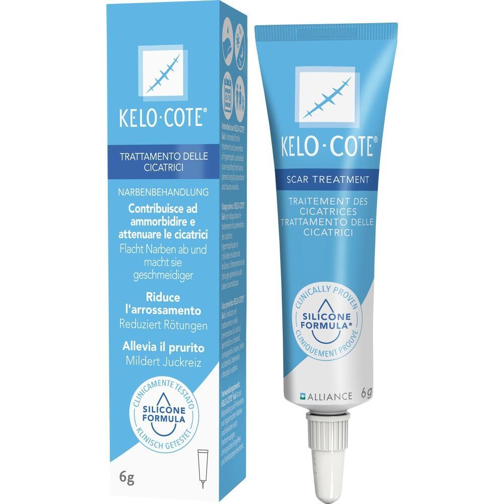 Eine blaue Tube mit Narbengel und dazugehöriger Verpackung.
